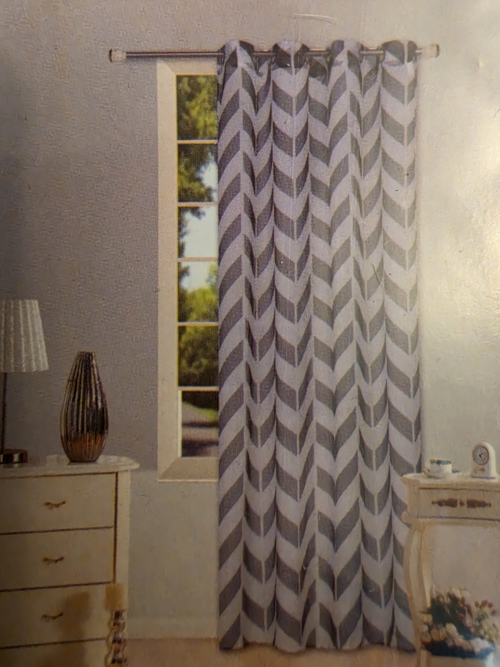4 Sheer Curtain Panels Modern Chevron Grey & White
